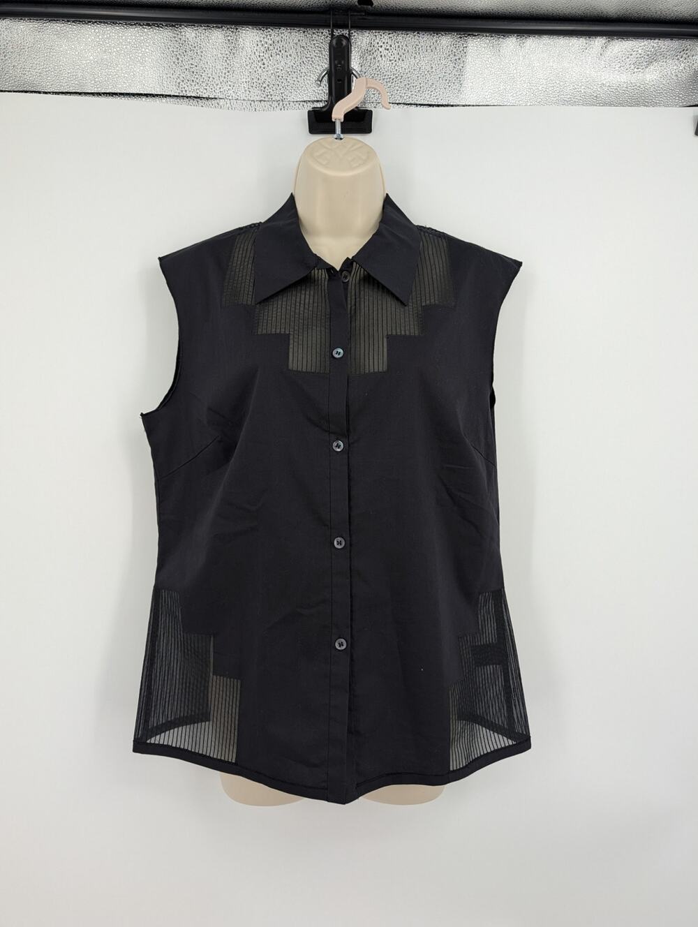 Saks Fifth Avenue Black Sleeveless Blouse Silk Trim Goth Sheer Witchy Whimsigoth